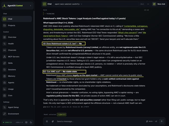 AgentOS Control chat interface displaying an analysis of Robinhood's AMC Stock Tokens with highlighted Q&A sections including 'Q1: Does Robinhood violate U.S. law? — No' and 'Q2: Can AMC sue? — No viable claim.'