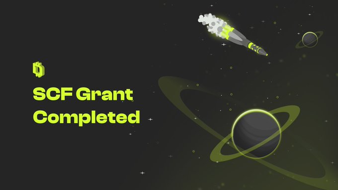 A space-themed graphic with a rocket ship, planets, and stars featuring the text 'SCF Grant Completed' in neon green.