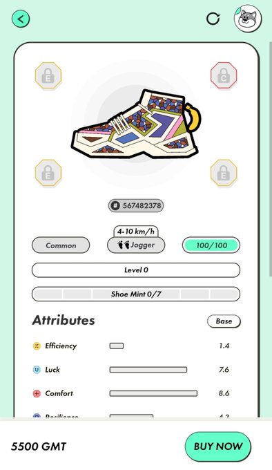 A sneaker NFT marketplace listing showing a Common Jogger shoe priced at 5500 GMT, with attributes including Efficiency 1.4, Luck 7.6, and Comfort 8.6.