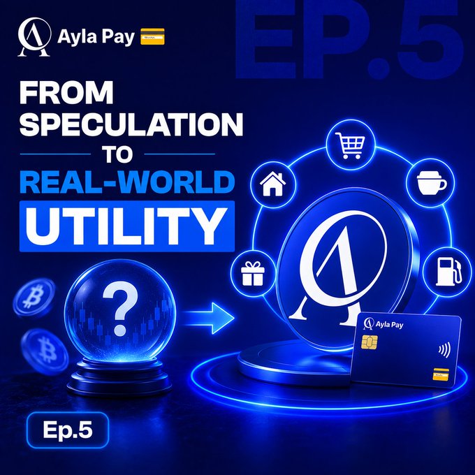 An episode 5 thumbnail for 'Ayla Pay' titled 'FROM SPECULATION TO REAL-WORLD UTILITY', depicting a transition from a crystal ball with Bitcoin coins to a credit card and icons representing shopping, home, coffee, and gas purchases.