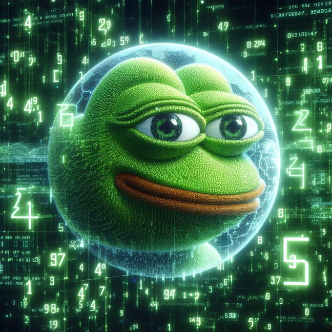 A 3D rendering of a Pepe the Frog head encased in a glowing green digital sphere surrounded by floating numbers and code.