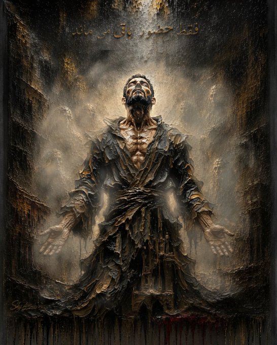A dark, gothic-style painting of a bearded man in tattered robes with his arms outstretched and head tilted upward, with Arabic text at the top reading "فقط حسين بن علي" (Only Hussein bin Ali).