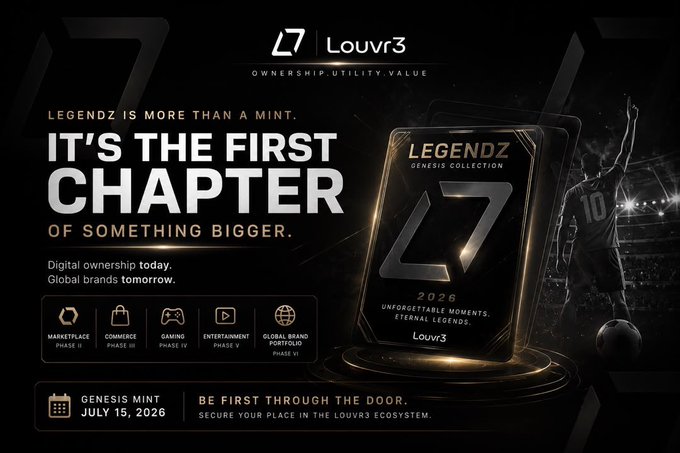 A promotional banner for Louvr3's 'LEGENDZ GENESIS COLLECTION' digital NFT mint starting July 15, 2026, highlighting ownership, utility, and value across marketplace, commerce, gaming, entertainment, and global brands.