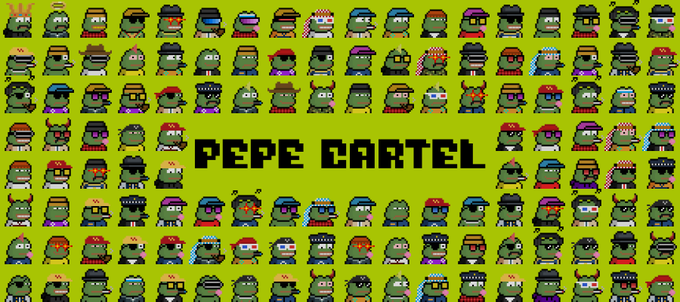 A pixel art collection of various Pepe the Frog characters in different outfits and accessories, titled 'PEPE CARTEL' in the center.