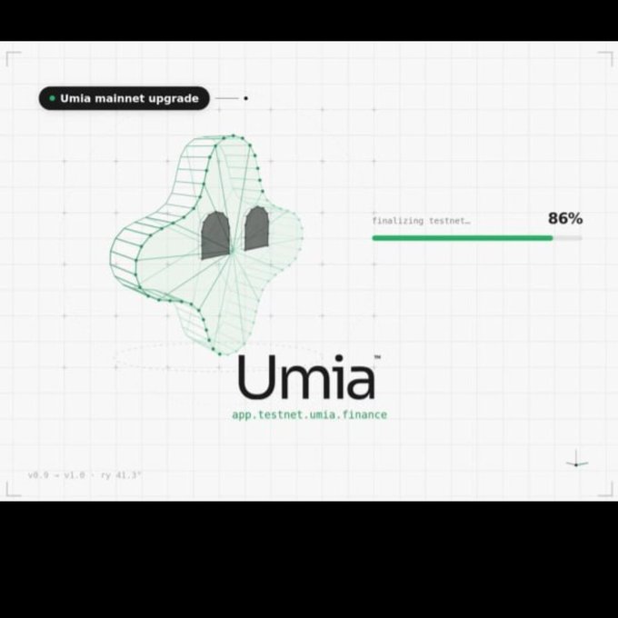 A loading screen for 'Umia' showing a wireframe topographic design with text 'Umia mainnet upgrade,' 'finalizing testnet... 86%,' and the URL 'app.testnet.umia.finance'.