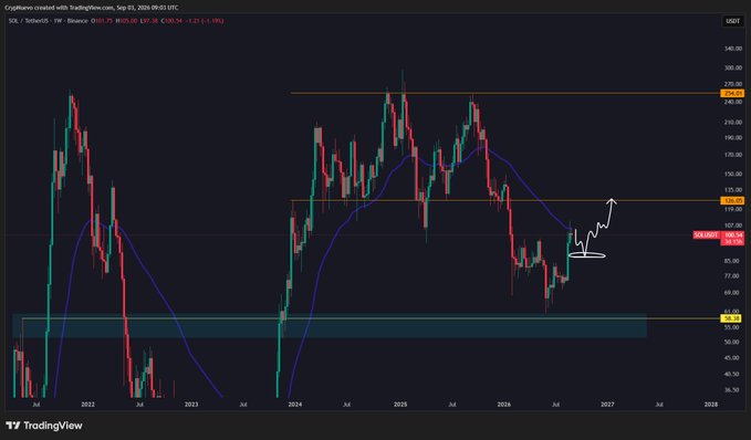 A TradingView weekly candlestick chart of SOL/USDT on Binance shows price bouncing off approximately $60 support and currently testing the 1-week 50EMA near $103 as resistance. Hand-drawn annotations mark a descending channel breakdown, a potential retest zone, and a target path back into the prior orange resistance range around $274, with a possible corrective dip toward $88-$87 before recovery.
