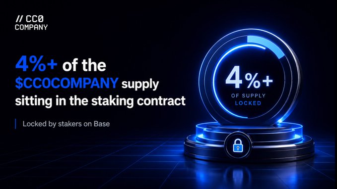 The image shows a blue circle with the text "4%+ of the $CCO company's supply sits in the stakes contract." The background appears to be black, which makes the colors of the circle stand out. There are other objects in the image, including a lock and keys, as well as a person standing behind the objects.