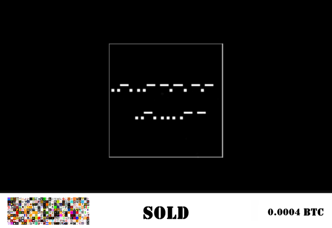 Pixel-art graphic with a thin square outline containing dashed lines, and 'SOLD' along with '0.0004 BTC' written at the bottom.