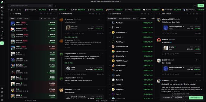 A dark-themed screenshot of a crypto/social platform dashboard showing trending tokens (MEGA, meme, Mariana, Inboard, Y22B, GLOW, NITROM, CLAUDIA, WEFT, Sato, lotus, DOPE), a Hot Wallets leaderboard, and various chat feeds including PumpScan and Vinyl.