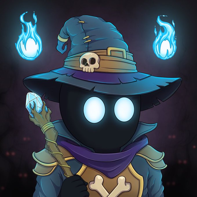 A digital illustration of a cartoon witch character with glowing blue eyes, wearing a blue pointed hat adorned with a skull emblem and a purple scarf, holding a staff topped with a crystal, flanked by two floating blue flames.