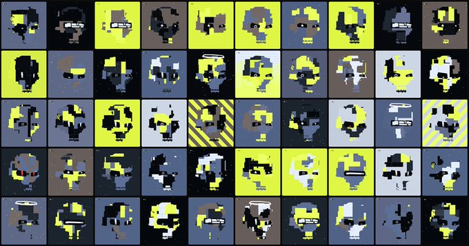 A grid of pixel-art style portraits featuring faces in yellow, blue, and black tones.