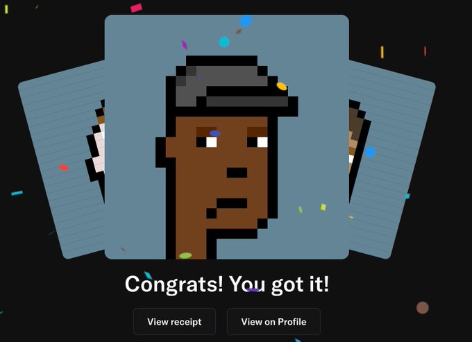 A pixel art NFT-style image celebrating a transaction with the text 'Congrats! You got it!' along with 'View receipt' and 'View on Profile' buttons, showing a character on trading cards.