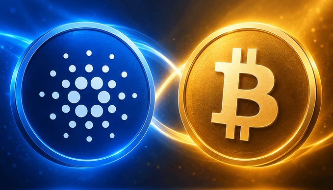 A digital image showing a blue Cardano (ADA) coin next to a gold Bitcoin (BTC) coin with glowing light effects.
