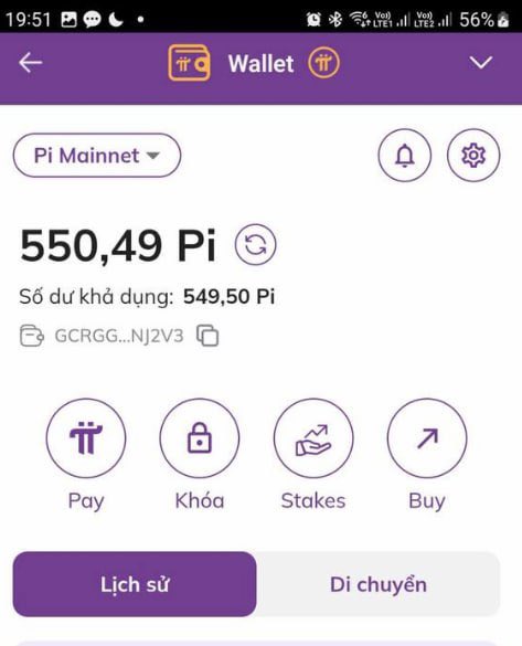 A mobile screenshot of a Pi Network wallet in Vietnamese, showing a balance of 550.49 Pi and 549.50 Pi available, with buttons for Pay, Khóa, Stakes, and Buy.