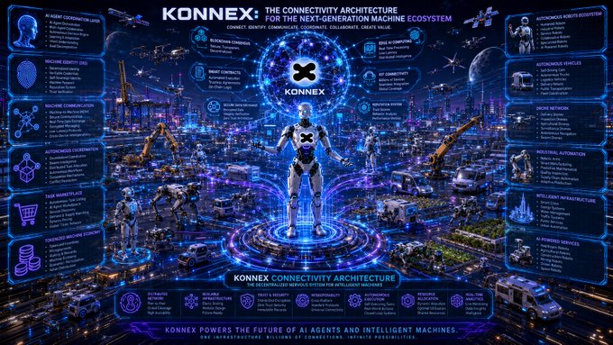 A futuristic cityscape infographic titled "KONNEX: THE CONNECTIVITY ARCHITECTURE FOR THE NEXT-GENERATION MACHINE ECOSYSTEM" centers on a humanoid robot, surrounded by labeled panels highlighting features like AI Agent Coordination, Machine Identity, Autonomous Robotics, Drone Networks, and AI-Powered Services. The visual reinforces the post's message by depicting Konnex as the unified infrastructure enabling AI agents, robots, and intelligent machines to securely connect, coordinate, and exchange value.