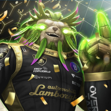 A stylized 3D illustration of a character wearing a racing suit covered in sponsor logos including Lamborghini, Illuvium, Betway, and Feat For The World, holding up glowing fingers amid a shower of gold confetti.