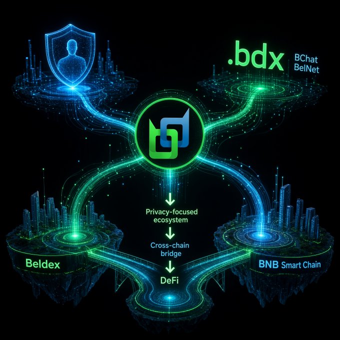 Digital infographic showing a blockchain ecosystem connecting Beldex, BNB Smart Chain, and '.bdx' (BChat/BelNet), featuring a privacy-focused ecosystem, cross-chain bridge, and DeFi elements.