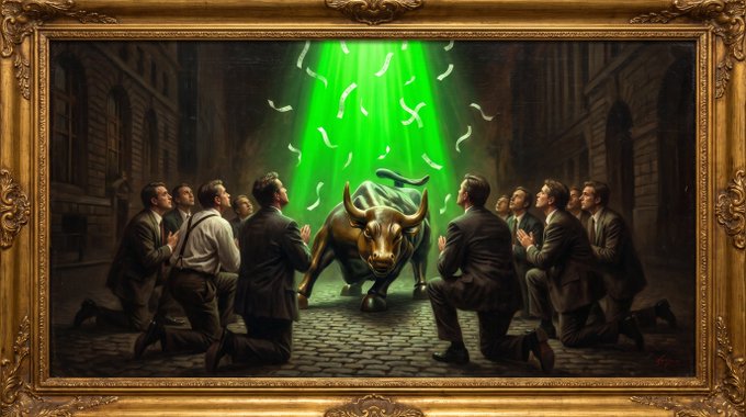 A framed painting depicting men in suits kneeling before a glowing golden bull statue in a dark alleyway, with green light radiating from above and paper falling like confetti.
