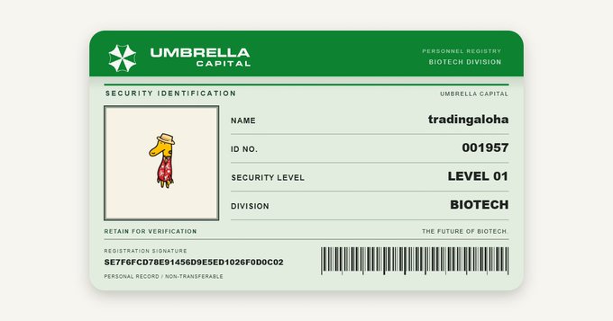 An Umbrella Capital security identification card styled like the Resident Evil franchise, showing personnel name 'tradingaloha', ID 001957, Security Level 01, Biotech Division, with a Stitch-like character as the avatar.