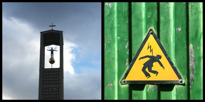 A two-panel image shows a silhouetted bell tower with a cross and a yellow high-voltage warning sign against a green corrugated background. The accompanying post describes a recap of a crypto-art “shill thread,” including 38 works by 34 artists, sold-out editions of *Heaven and Earth*, and a gifted collector piece; no additional readable text, numbers, tickers, or names appear in the image.