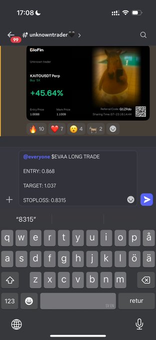 A Telegram chat in the "unknowntrader" group shows someone attempting to share a $EVAA long trade with entry at 0.868, target 1.037, and stop loss 0.8315, with the keyboard visible mid-typing—humorously illustrating the frustration of trying to post a trade before it pumps.