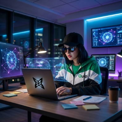The image features a woman sitting at a desk, working on her laptop computer with a mouse nearby. She appears to be focused on her work or possibly browsing the internet. The room has multiple monitors placed around the workspace, suggesting that she might be involved in some sort of tech-related job or project. There is also a cup and a book present on the desk, indicating that she may have been working for an extended period of time.