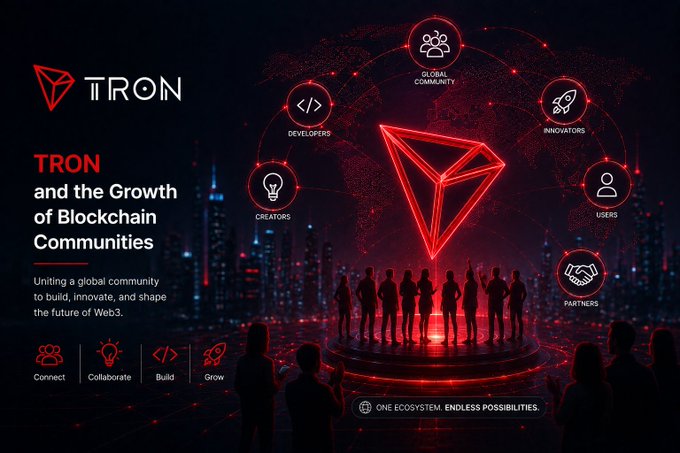 A promotional graphic for TRON blockchain titled 'TRON and the Growth of Blockchain Communities' with icons representing developers, creators, innovators, users, and partners around a glowing TRON logo.