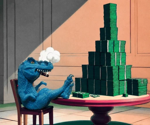 A whimsical illustration of a blue crocodile wearing a chef's hat, sitting at a table across from a massive pyramid stack of green money bundles.