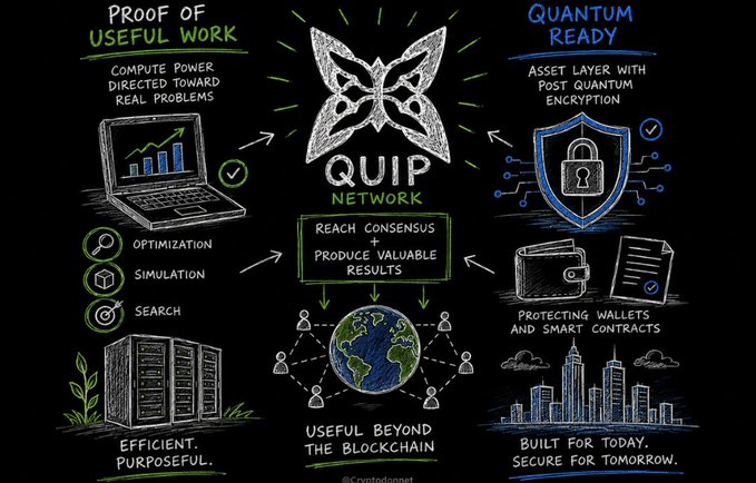 An illustrated infographic for the QUIP NETWORK displaying features like 'PROOF OF USEFUL WORK,' 'QUANTUM READY,' and 'REACH CONSENSUS & PRODUCE VALUABLE RESULTS,' credited to @cryptodonnett.