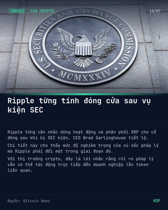 A crypto news article in Vietnamese titled 'Ripple từng tình động cửa sau vụ kiện SEC' about Ripple's activities before the SEC lawsuit, featuring the U.S. Securities and Exchange Commission seal with date 13/07.