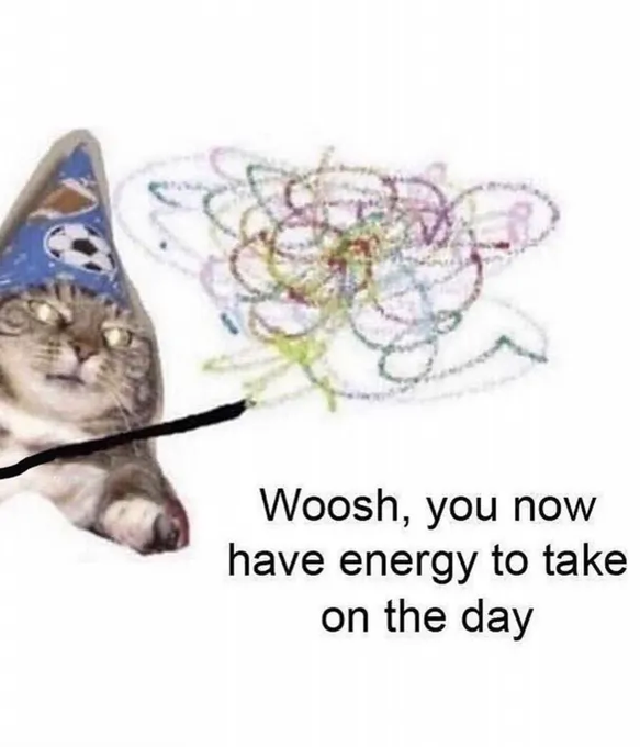 The image features a cat wearing a party hat, with a drawing of a rocket ship on its head. Below the cat's head, there is text that reads "Wooosh, you now have energy to take on the day". This message seems to be related to the post about the leverages in the Twitterverse and the importance of using social media for spreading positivity and support.