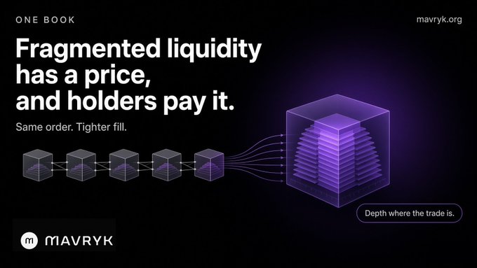 A promotional graphic for Mavryk Dynamics with the headline 'Fragmented liquidity has a price, and holders pay it.' It visually depicts five smaller cubes of liquidity being consolidated into a single, deeper, volume-rendered cube labeled 'Depth where the trade is,' with the Mavryk.org URL in the top right.