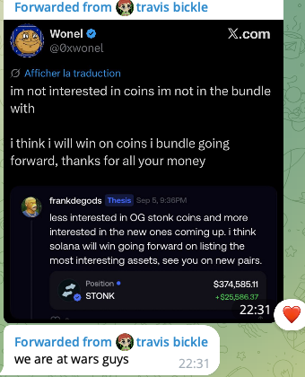 A screenshot of X.com (Twitter) posts showing a conversation between users @0xwonel and frankdegods about STONK coin investments, with a forwarded message reading "we are at wars guys."