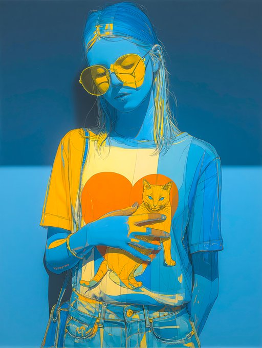 A stylized blue-and-yellow illustration of a person with sunglasses holding an orange cat against a heart-decorated shirt, the color palette dominated by cool blues and warm oranges.