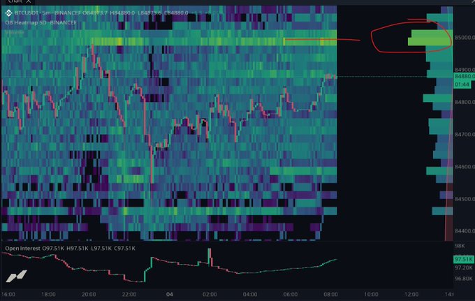 A trading chart displaying the BTCUSDT 5-minute Binance order book heatmap (OB Heatmap SB-BINANCE), with a red hand-drawn circle highlighting a high-volume green cluster around the $85,000 price level.