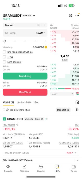 A mobile trading app screenshot showing the GRAMUSDT perpetual futures market with a price of 1,472 USDT, up 9.04%, displaying a negative PnL of -155.12 USDT and -8.79% ROI.