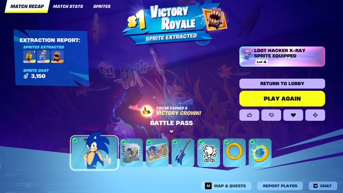 A victory screen from a Sonic-themed game showing '#1 Victory Royale', a 'Sprite Extracted' battle pass reward, extracted sprites including Sonic and other characters, 3,150 sprite dust, and buttons to 'Return to Lobby' or 'Play Again'.