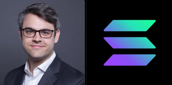 A professional headshot of a man in glasses and a dark suit appears alongside the blue and purple Solana ($SOL) logo, visually tying the institutional investor's image to the cryptocurrency being highlighted as institutions accumulate $5.75 million in Solana holdings.