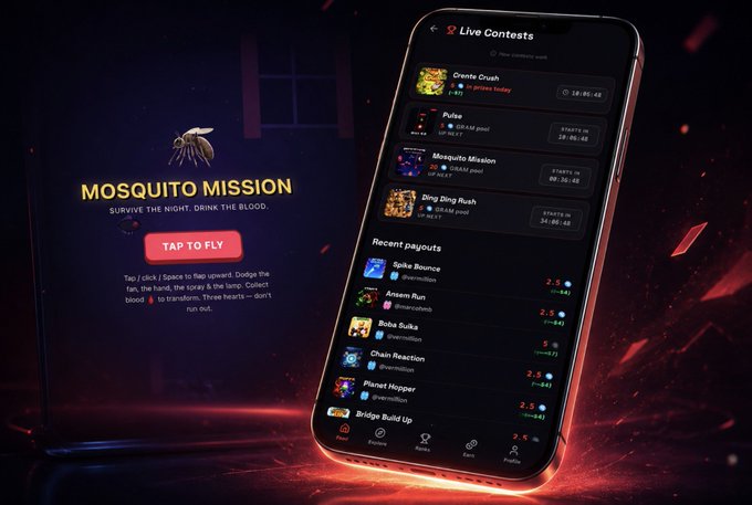 A smartphone displays a gaming app called 'Mosquito Mission' with the tagline 'SURVIVE THE NIGHT. DRINK THE BLOOD.' alongside a list of live contests and recent payouts.