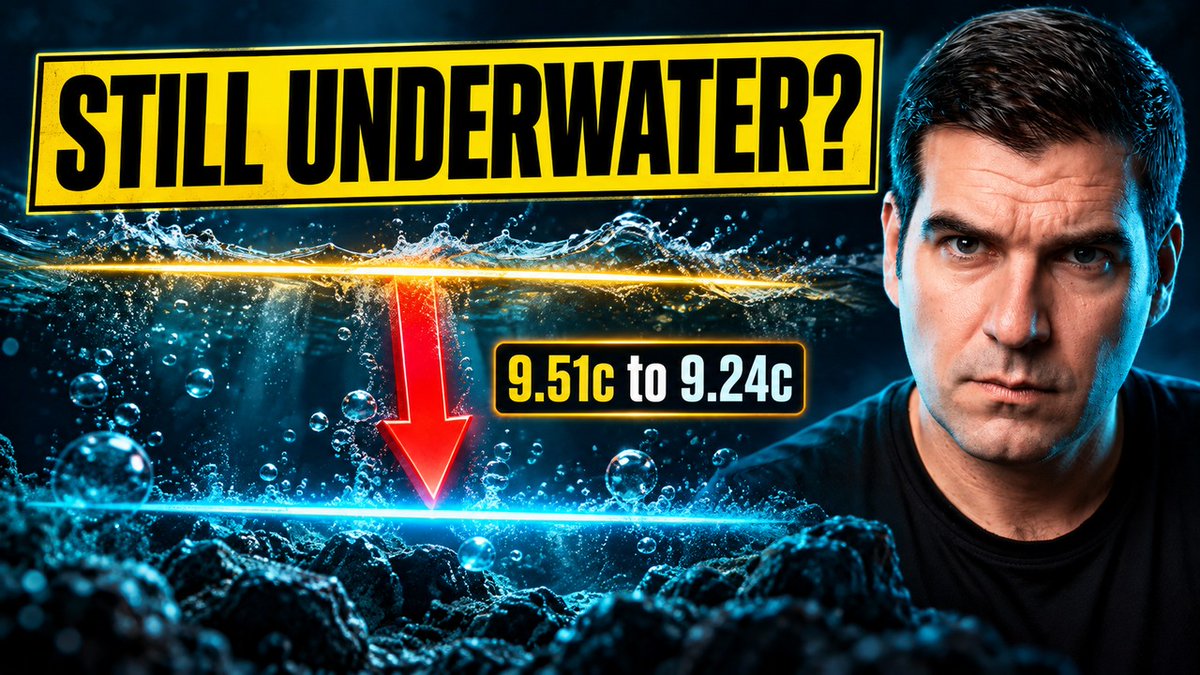 A YouTube-style thumbnail featuring a man's face next to bold text reading 'STILL UNDERWATER?' with a red downward arrow and '9.51c to 9.24c' against an underwater background.