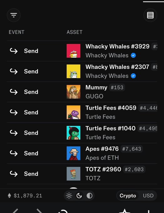 A screenshot of an NFT transaction history on a mobile app showing several "Send" transactions for items including Whacky Whales #3929 and #2307, Mummy #153 (GUGO), Turtle Fees #4059 and #1040, Apes #9476, and TOTZ #2960, displaying a balance of $1,879.21. The image visually represents the giveaway contents mentioned in the post, confirming the prizes sent out in the "whackybag."