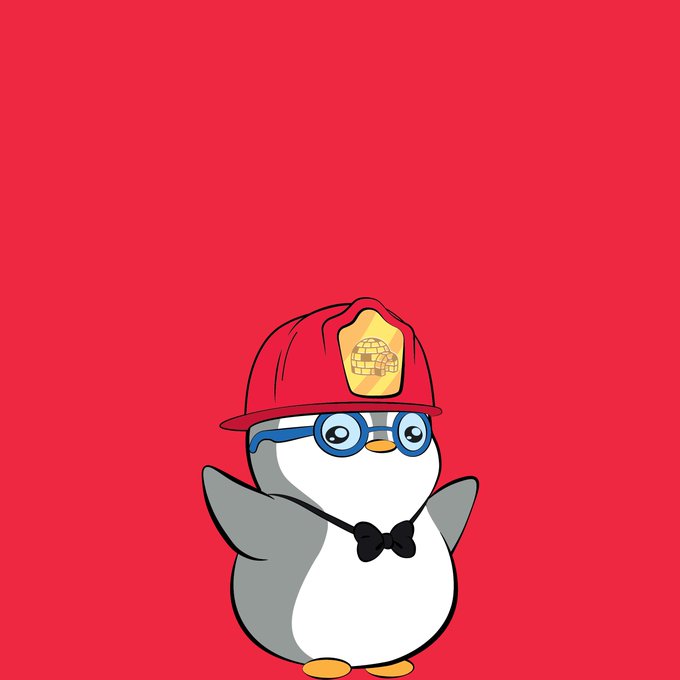 An illustration of a cartoon penguin wearing a red firefighter helmet and a black bow tie on a red background.