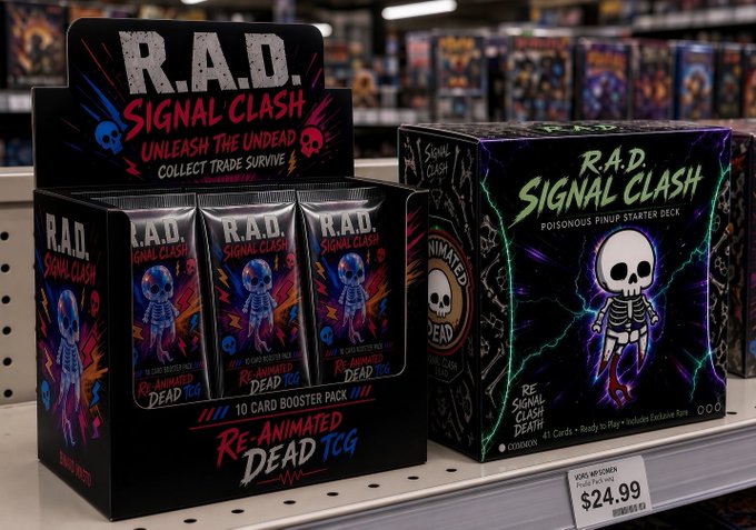 A retail display features trading card game products including 'R.A.D. SIGNAL CLASH' Unleash the Undead collector packs (10-card booster pack, $24.99) and a 'Poisonous Pinup Starter Deck' with skull artwork, marketed under the 'Re-Animated Dead TCG' brand.