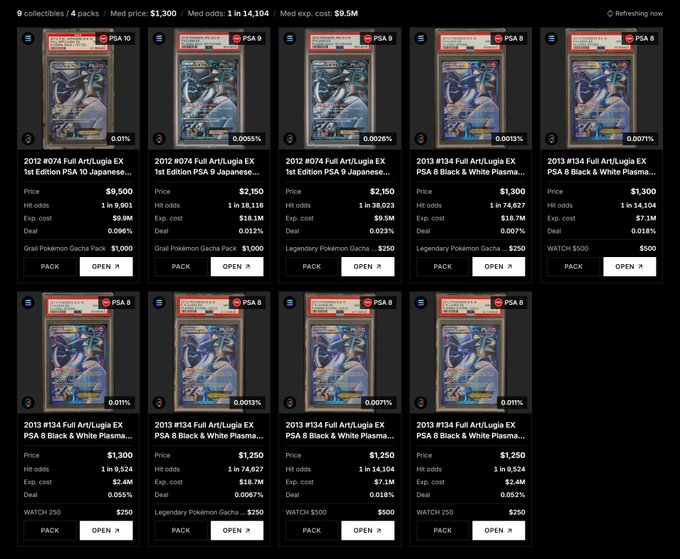 A webpage from TILT RIPS displaying a collection of Pokémon card packs, specifically '2012 #074 Full Art/Lugia EX 1st Edition PSA 10 Japanese' and '2013 #134 Full Art/Lugia EX PSA 8', each with 'OPEN' buttons.