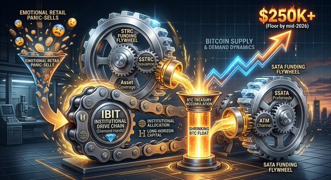 A graphic illustrating Bitcoin and crypto funding concepts, featuring text including '$250K+ (Floor by mid-2026)', 'BITCOIN SUPPLY & DEMAND DYNAMICS', 'EMOTIONAL RETAIL PANIC-SELLS', '$STRC ISSUANCE', 'IBIT INSTITUTIONAL DRIVE CHAIN', and 'SATA FUNDING FLYWHEEL'.