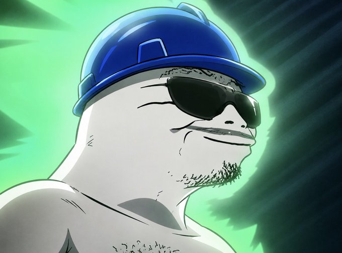 An anime-style illustration of a character wearing a blue hard hat and dark sunglasses, with a small goatee and a confident smirk against a green background.