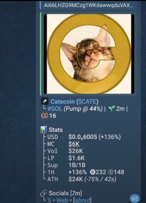Screenshot of a crypto listing for 'Catecoin $CATE' with a cat photo on a gold coin, showing stats USD $0.0,6005 (+136%), MC $6K, Vol $26K, LP $1.6K, 1H +136%, ATH $24K (-75% / 42s).