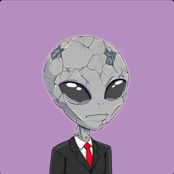 A digital illustration of a gray alien with large black eyes and a cracked stone-like textured head, wearing a black business suit with a white shirt and red tie against a solid lavender background.
