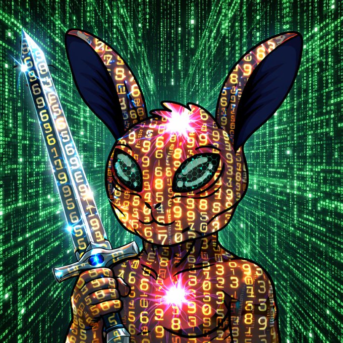 A pixelated creature with glowing orange digits covering its body wields a sword against a backdrop of cascading green code from "The Matrix," evoking a determined, empowered mood.
