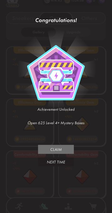 A mobile game 'Congratulations!' achievement unlock screen showing a pentagonal badge for 'Open 625 Level 4+ Mystery Boxes' with Claim and Next Time buttons.